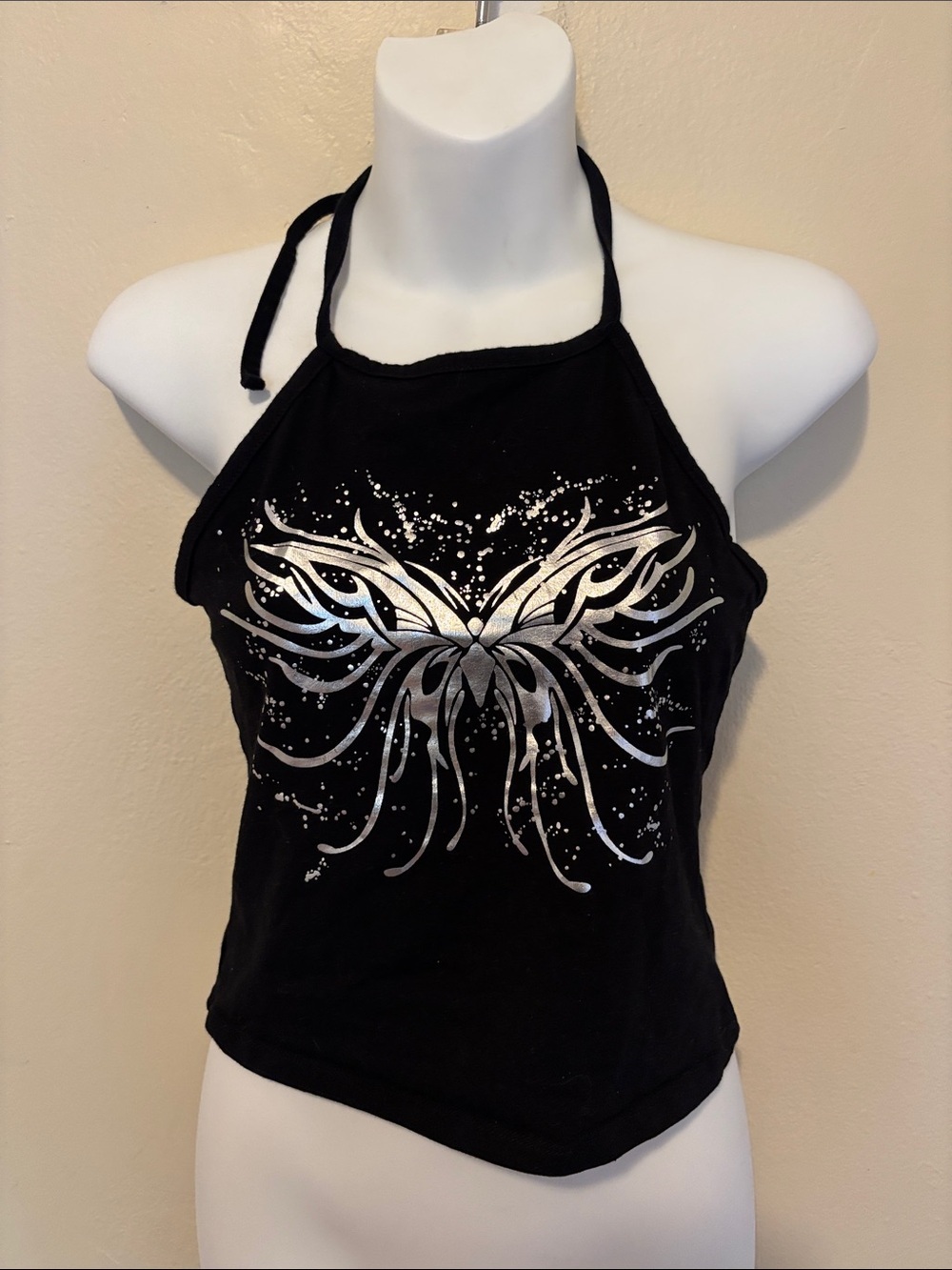 Black Halter Crop Top with Silver Butterfly Graphic
